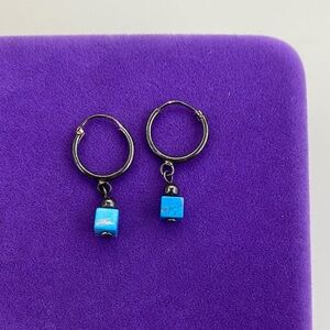 💛 Boho Sterling Silver Turquoise Cube Stone Dangle Hoops | Modern Minimalist